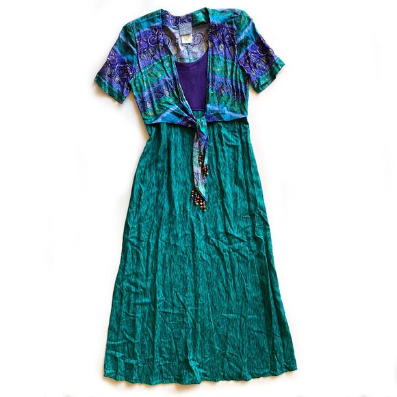 Vintage Rabbit Designs Dress Size 2P Made In USA Shoulder Pads Maxi Dress Green - Picture 1 of 9